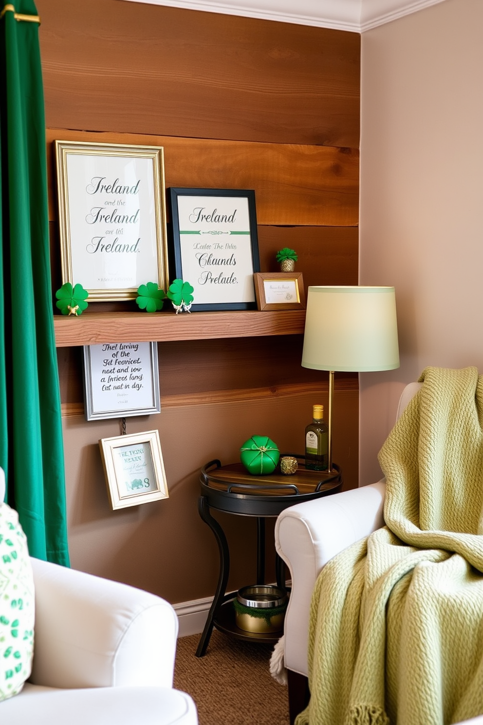 A cozy nook featuring small framed quotes about Ireland arranged on a rustic wooden shelf. The quotes are printed in elegant typography, surrounded by small decorative items like shamrocks and Celtic symbols. A charming living room corner decorated for St. Patrick's Day. Bright green accents and subtle gold touches create a festive atmosphere, with a small table displaying themed decor and a plush throw blanket draped over a chair.