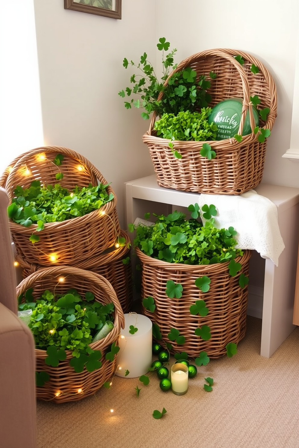 Woven baskets filled with lush green decor are arranged artistically in a cozy corner, bringing a fresh and vibrant touch to the space. The baskets are complemented by delicate shamrock accents and soft, natural textures that enhance the St. Patrick's Day theme. In a small living area, a charming display features these baskets alongside twinkling fairy lights and seasonal greenery. The overall aesthetic creates a warm and inviting atmosphere, perfect for celebrating the holiday while maximizing space.