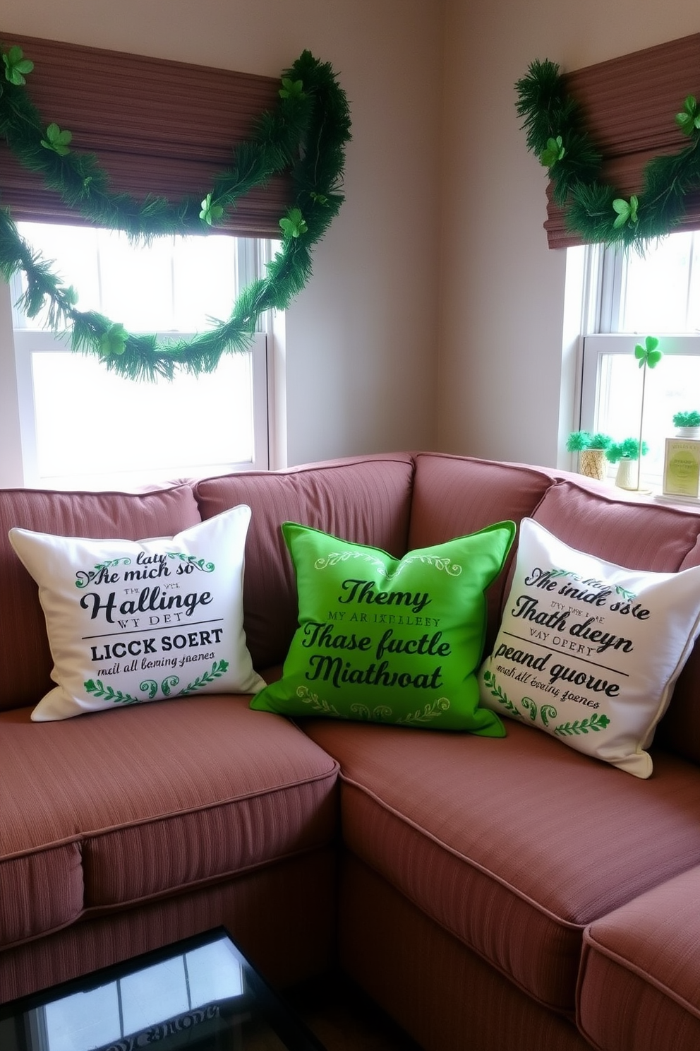 Decorative pillows adorned with charming Irish sayings are arranged on a cozy sofa, adding a touch of cultural warmth to the room. The pillows feature vibrant green hues and intricate patterns, creating a festive atmosphere for St. Patrick's Day. In a small space, a few strategically placed decorative items enhance the festive spirit without overwhelming the area. Green garlands and subtle shamrock accents complement the existing decor, making the space feel inviting and cheerful.