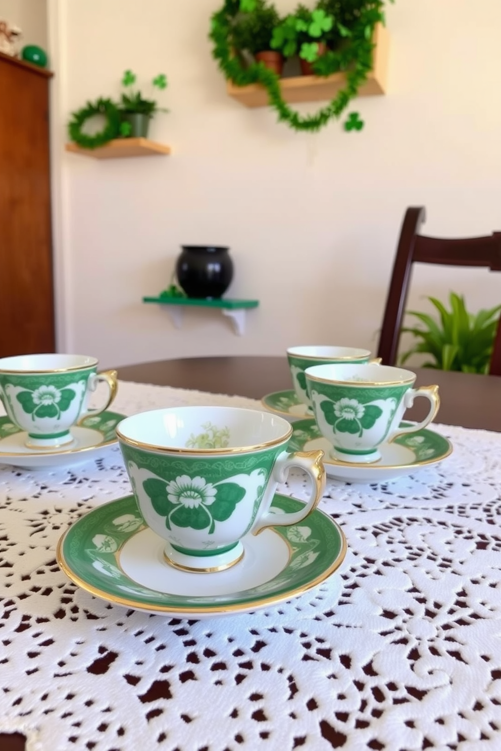 Charming teacups with green accents are arranged on a delicate lace tablecloth. Each teacup features intricate designs and is complemented by matching saucers, creating a warm and inviting atmosphere. For small space St. Patrick's Day decorating ideas, consider using wall-mounted shelves to display festive decorations. Add green garlands and small potted shamrocks to enhance the holiday spirit without overwhelming the space.