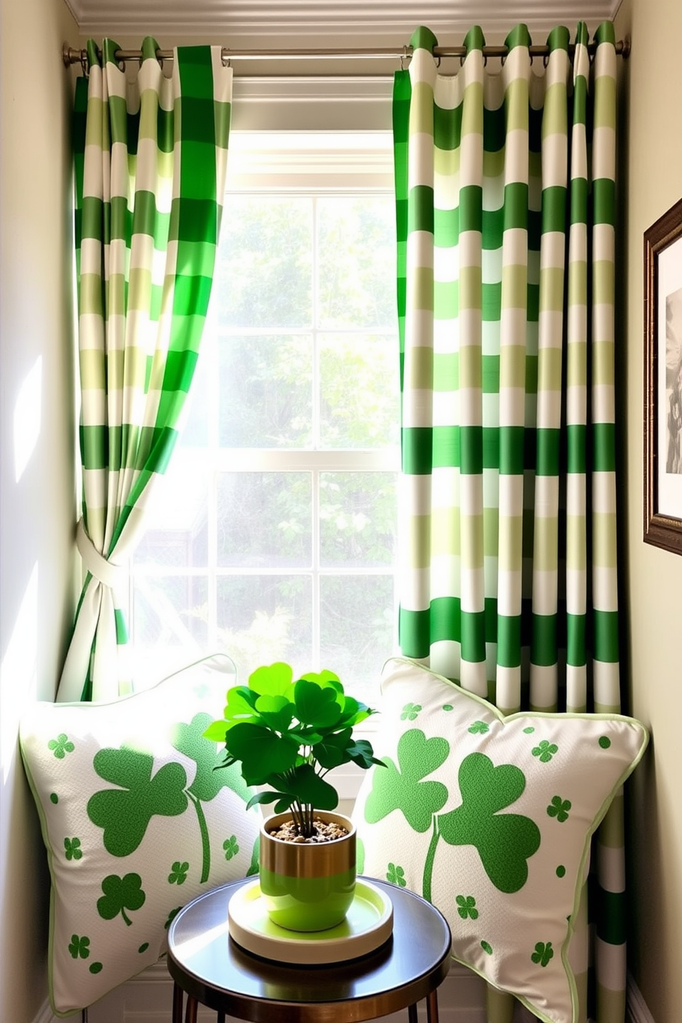 A cozy nook adorned with green and white striped curtains that gently frame a window, allowing soft natural light to filter through. The space is decorated with festive St. Patrick's Day accents, including shamrock-themed pillows and a small table centerpiece featuring a vibrant green plant in a decorative pot.