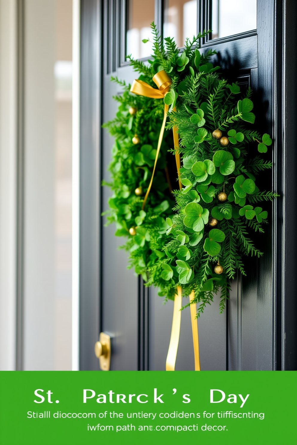 A charming DIY St. Patrick's Day wreath adorns the front door, crafted from lush green foliage and vibrant shamrocks. Accents of gold ribbon and small decorative charms add a festive touch, inviting guests to celebrate the holiday. Creative small space decorating ideas for St. Patrick's Day include using green throw pillows and festive table settings to enhance the ambiance. Wall-mounted decor and strategically placed plants can bring the spirit of the holiday into compact living areas without overwhelming the space.