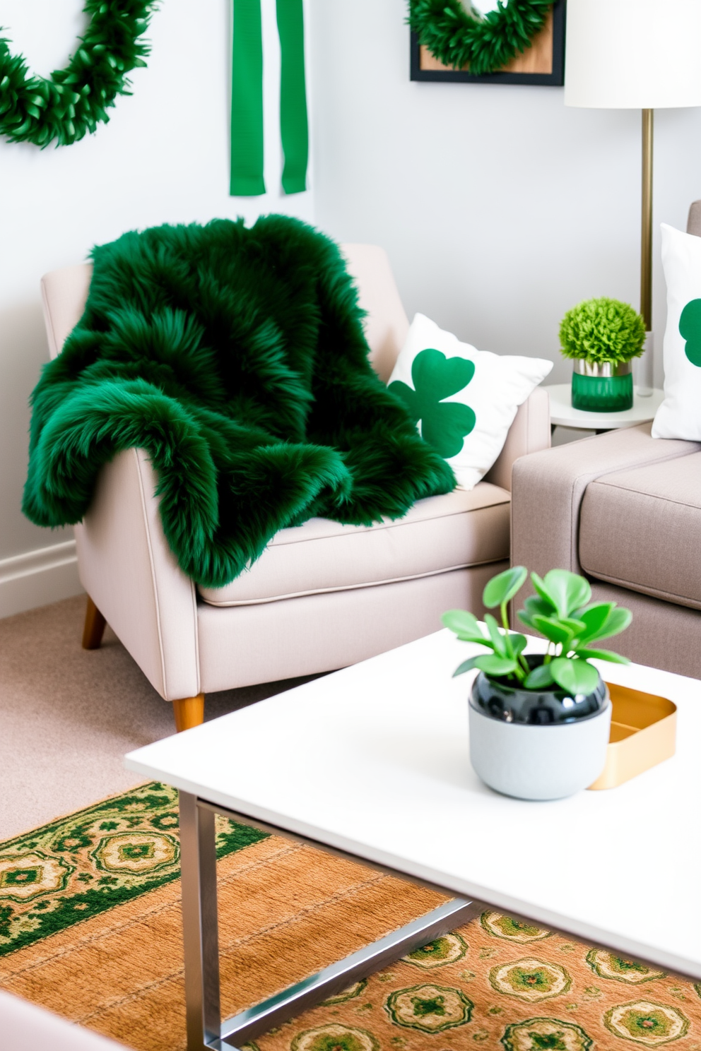 A cozy small living area decorated for St. Patrick's Day features a plush green faux fur throw blanket draped over a modern armchair. The space is adorned with festive accents like shamrock cushions and a small potted plant with green leaves on a sleek coffee table.