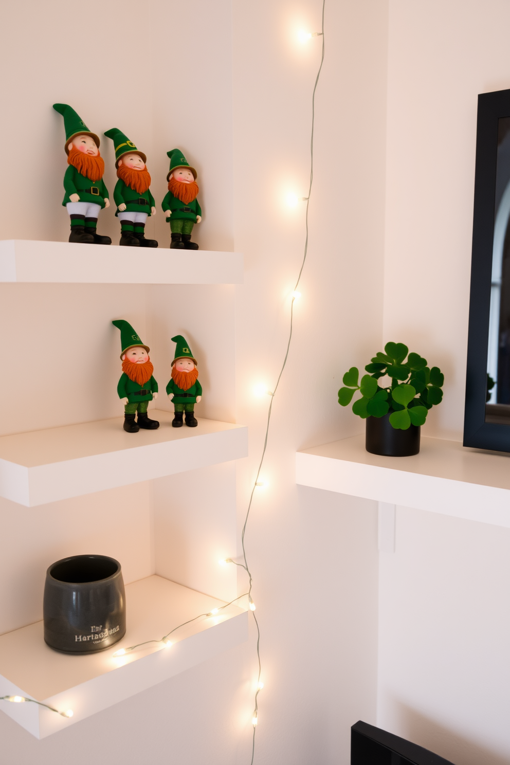 Miniature leprechaun figurines are carefully arranged on floating shelves, adding a whimsical touch to the decor. The shelves are painted in a soft white, allowing the vibrant colors of the figurines to stand out beautifully. In a cozy corner, a small potted shamrock plant complements the festive theme. Delicate string lights are draped around the shelves, creating a warm and inviting atmosphere for St. Patrick's Day celebrations.