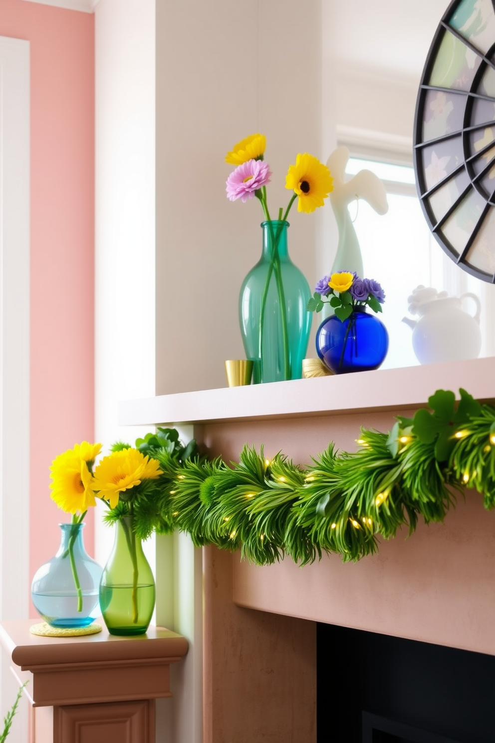 Colorful vases filled with spring flowers are placed throughout the room, bringing vibrant hues of pink, yellow, and purple to the decor. Each vase is uniquely shaped and crafted from glass, ceramic, and metal, creating a delightful contrast against the soft pastel walls. For St. Patrick's Day decorating ideas in a small space, a charming green garland is draped across the mantel, adorned with shamrocks and twinkling fairy lights. A few strategically placed gold accents, like small pots of gold and festive coasters, add a touch of whimsy and celebration to the cozy atmosphere.