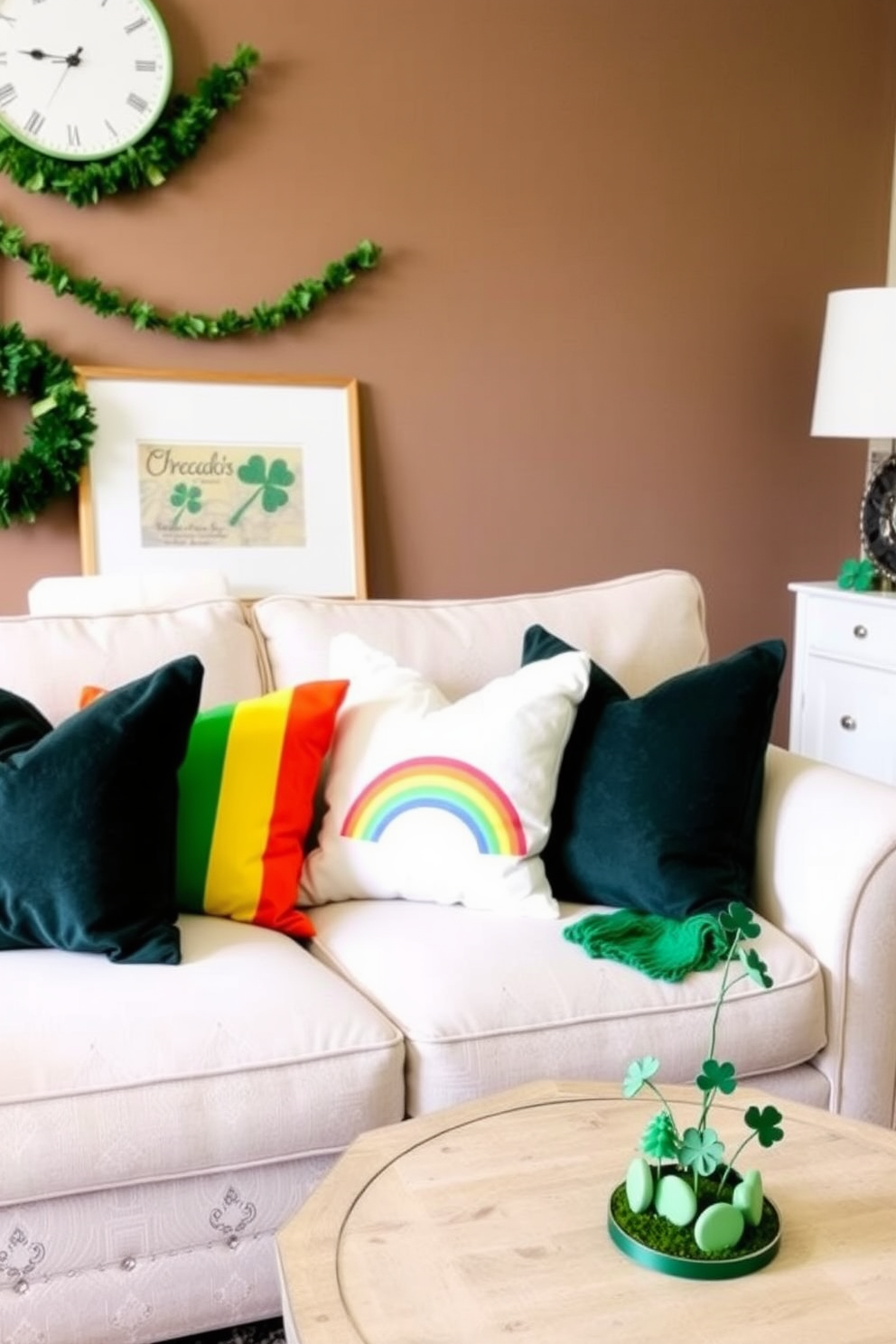 A cozy living room features a plush couch adorned with rainbow colored throw pillows that add a vibrant touch to the space. The decor is enhanced with subtle St. Patrick's Day accents, including green garlands and small shamrock centerpieces that celebrate the holiday while maintaining an inviting atmosphere.