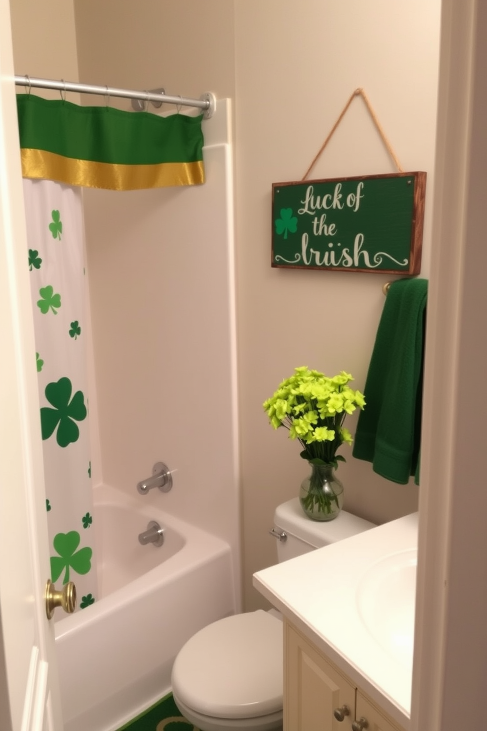 A cozy bathroom adorned with St. Patrick's Day decorations. Green and gold accents are featured throughout, including a festive shower curtain with shamrocks and a matching bath mat. On the countertop, a small arrangement of fresh green flowers is placed in a decorative vase. A whimsical sign that reads 