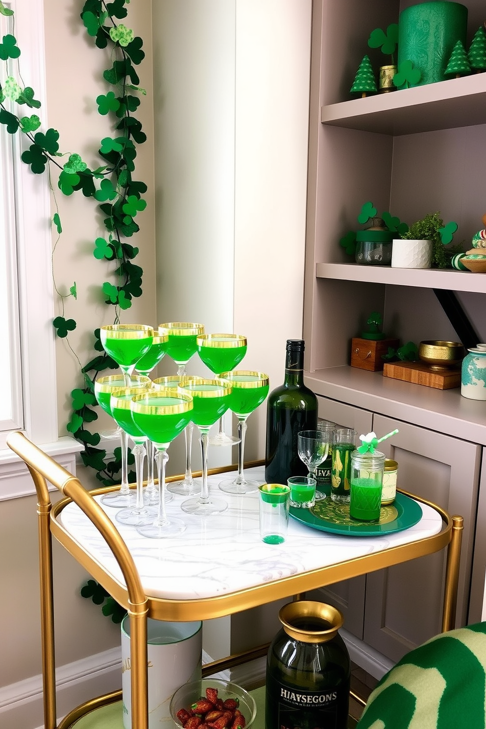 A collection of elegant gold rimmed glassware is arranged on a polished marble bar cart. The glasses are filled with vibrant green drinks, complementing the festive atmosphere. Creative small space decorating ideas for St. Patrick's Day include hanging green garlands and placing miniature shamrocks on shelves. A cozy nook features a small table set with themed decorations and festive treats.