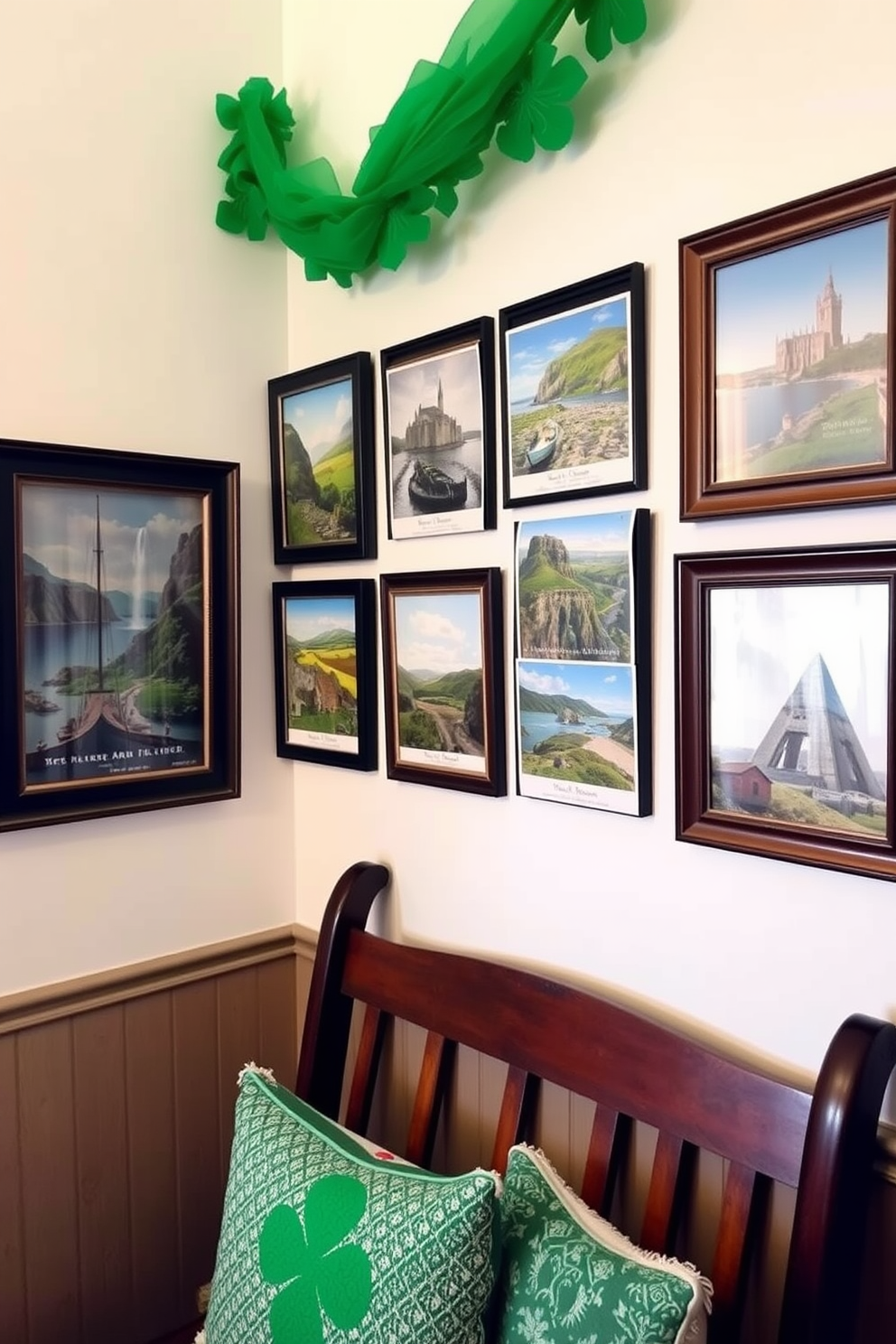 A charming small space decorated for St. Patrick's Day features framed vintage Irish postcards arranged on the wall. The postcards showcase various scenic landscapes of Ireland, adding a touch of nostalgia and cultural richness to the room.