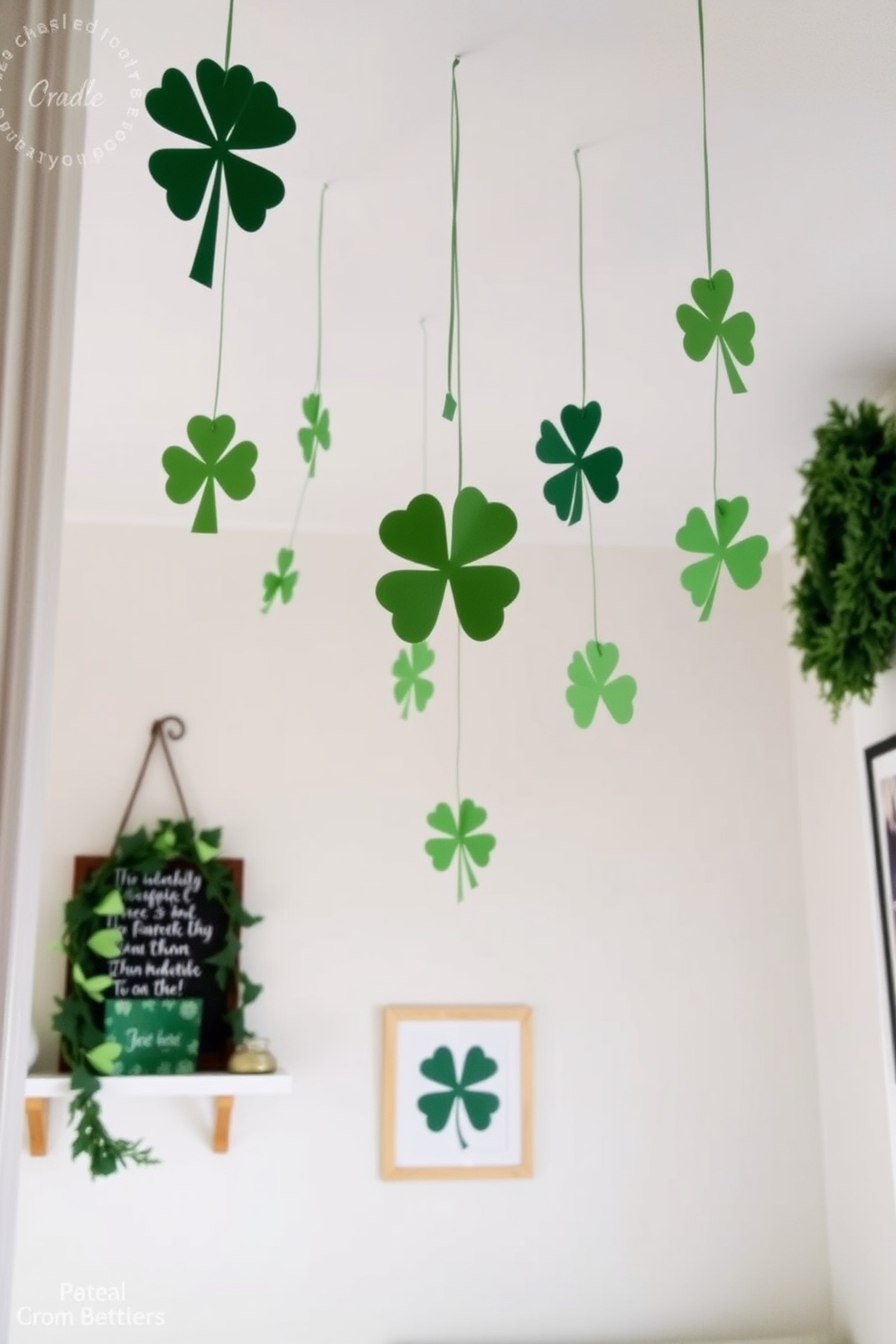 A charming small space decorated for St. Patrick's Day features DIY paper shamrocks hanging gracefully from the ceiling. The walls are adorned with soft green accents, creating a festive yet cozy atmosphere.