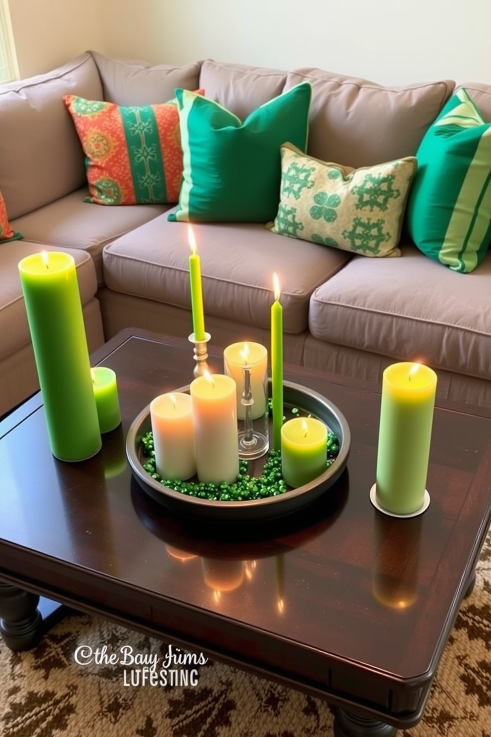 A cozy living room setting with a coffee table adorned with festive green candles of varying heights. The table is surrounded by a plush sofa and colorful throw pillows, creating a warm and inviting atmosphere for St. Patrick's Day celebrations.