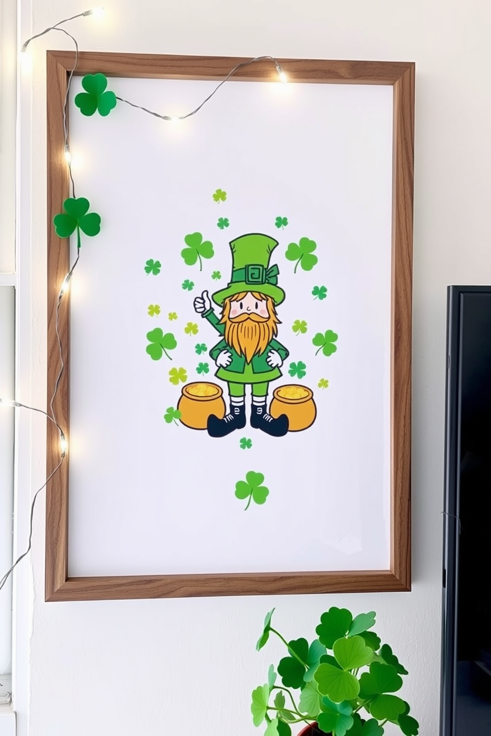 A vibrant St. Patrick's Day themed wall art featuring a whimsical leprechaun surrounded by shamrocks and pots of gold. The artwork is framed in a rustic wood frame that complements the green and gold color palette. Creative small space St. Patrick's Day decorating ideas include using string lights shaped like shamrocks to add a festive touch. Consider placing a small potted shamrock plant on a windowsill to bring a touch of greenery indoors.