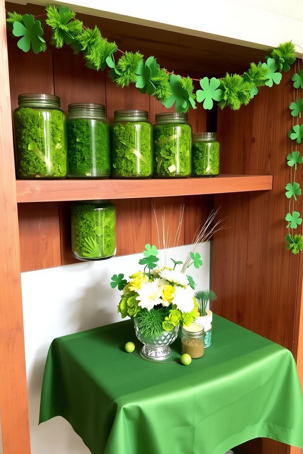 Decorative moss is arranged in various glass jars of different sizes, creating a natural and organic feel. The jars are placed on a wooden shelf, allowing the vibrant green moss to stand out against the rustic backdrop. For St. Patrick's Day, small spaces can be adorned with simple green accents like shamrock garlands and gold accents. A small table can be dressed with a green tablecloth, featuring a centerpiece of fresh flowers and decorative elements that celebrate the holiday.