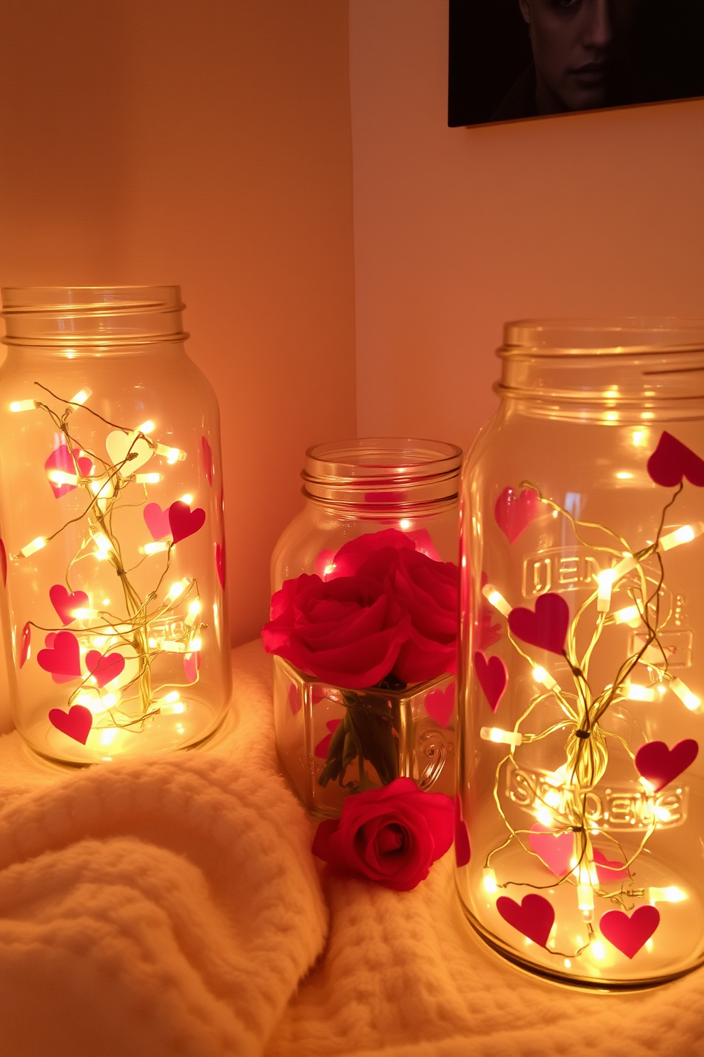 A cozy small space adorned with romantic fairy lights placed inside glass jars. The soft glow of the lights creates an intimate atmosphere, perfect for Valentine's Day celebrations.