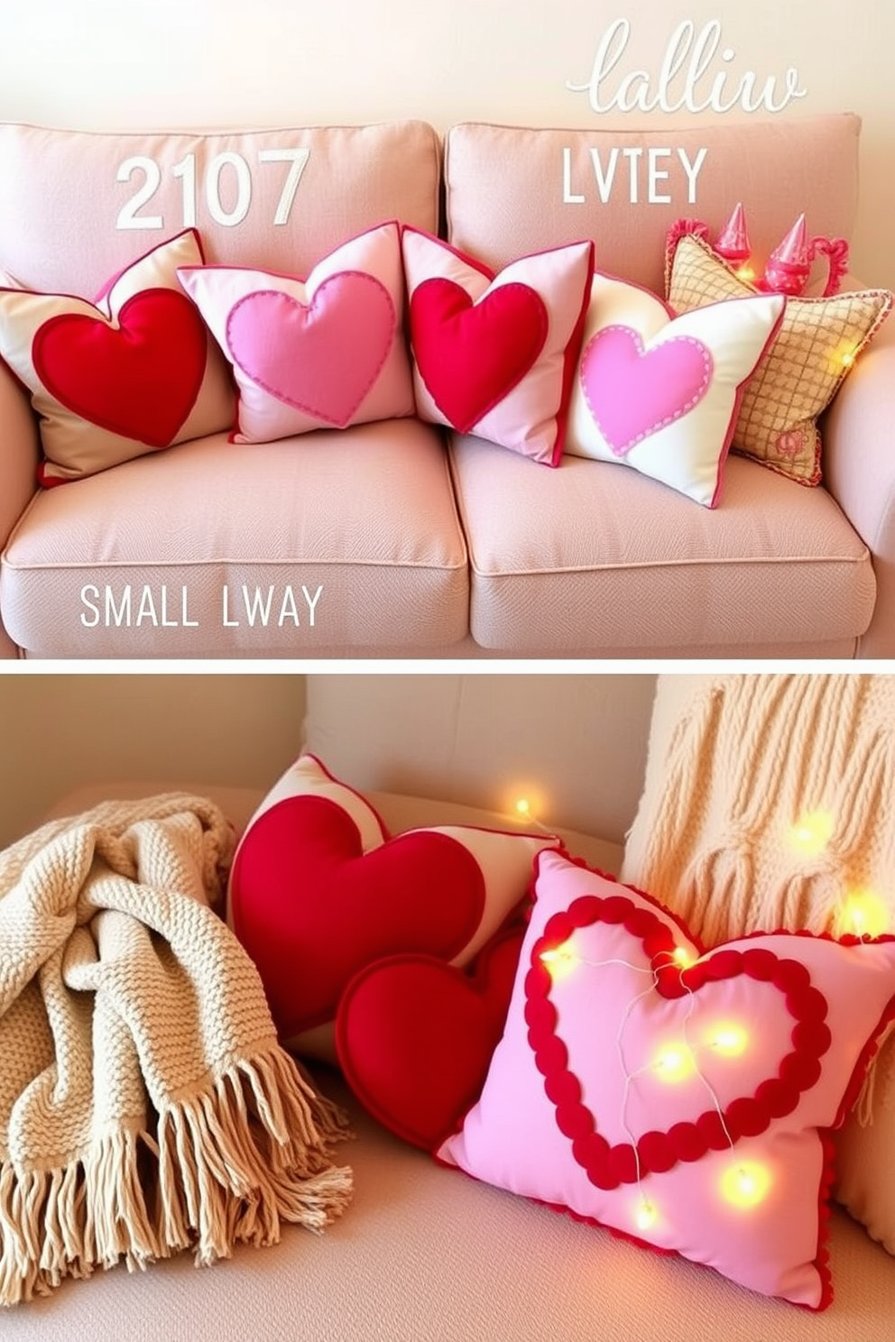 Decorative pillows with heart motifs are arranged on a cozy sofa, adding a touch of romance to the space. The pillows feature various shades of red and pink, creating a warm and inviting atmosphere. In a small living room, a few strategically placed heart-themed pillows can transform the decor for Valentine's Day. Pair them with soft throws and fairy lights to enhance the festive ambiance.