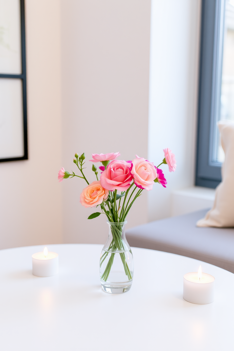 A charming small vase filled with fresh flowers sits elegantly on a minimalist table. The vibrant blooms add a touch of romance and warmth to the cozy, intimate space. For Valentine's Day, consider using soft pastel colors and delicate decorations to enhance the atmosphere. Simple heart-shaped accents and strategically placed candles can create a lovely, inviting setting.