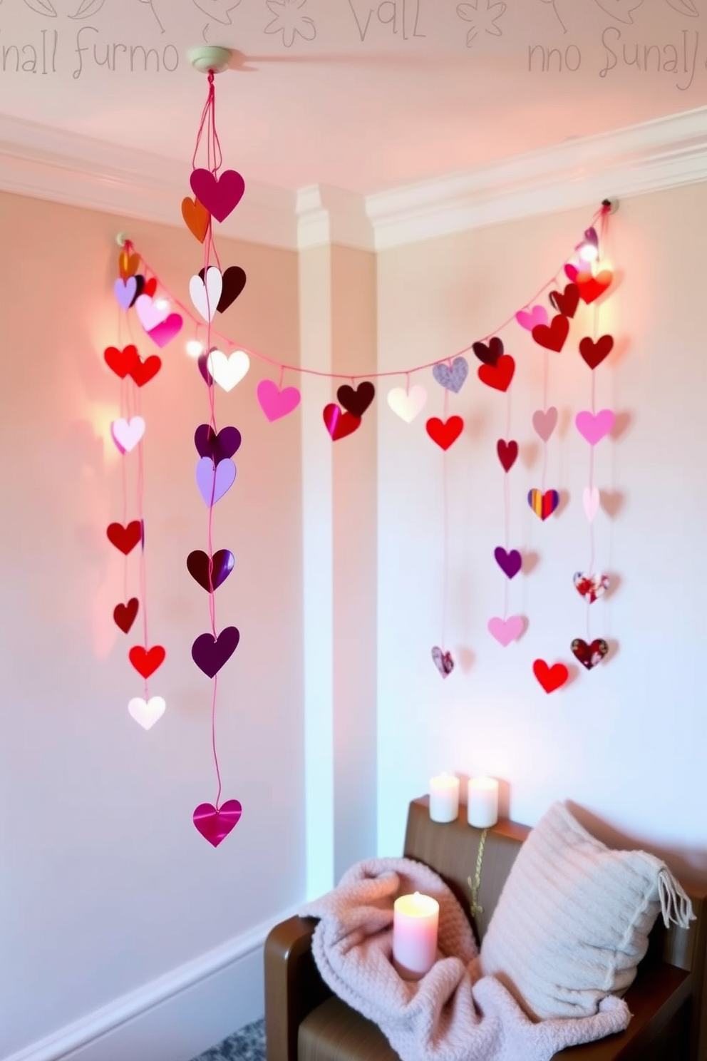 A charming DIY heart garland elegantly drapes from the ceiling, creating a warm and inviting atmosphere. The garland features an array of colorful hearts made from various materials, adding a playful touch to the decor. In a cozy nook, small space Valentine's Day decorating ideas come to life with thoughtful arrangements. Delicate candles and soft textiles complement the heart garland, enhancing the romantic vibe of the space.