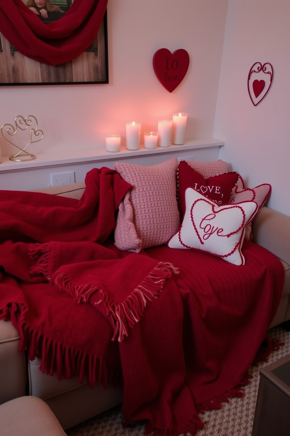 Cozy throw blankets in rich red hues are draped over a plush sofa, adding warmth to the intimate setting. Soft textures and layered fabrics create an inviting atmosphere perfect for a romantic evening. In a small space, heart-themed decor accents the room, with decorative pillows featuring love motifs. Subtle lighting from candles enhances the ambiance, making it a charming spot for Valentine's Day celebrations.