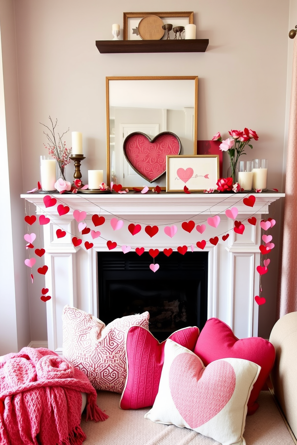 A beautifully decorated mantel adorned with heart accents creates a warm and inviting atmosphere. Delicate garlands of red and pink hearts drape gracefully alongside candles and seasonal decor. In a small space, use a combination of wall-mounted shelves and decorative trays to maximize style without clutter. Incorporate soft textiles like heart-patterned throws and cushions to enhance the Valentine's Day theme.