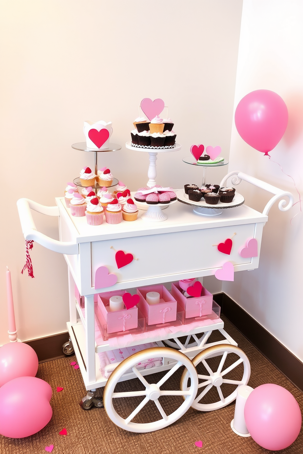 A charming display of sweet treats is arranged on a stylish cart. The cart features an assortment of cupcakes, cookies, and chocolates, beautifully decorated for a festive Valentine's Day theme. The cart is adorned with soft pink and red accents, creating a warm and inviting atmosphere. Surrounding the cart, small decorative elements like heart-shaped balloons and candles enhance the romantic setting.