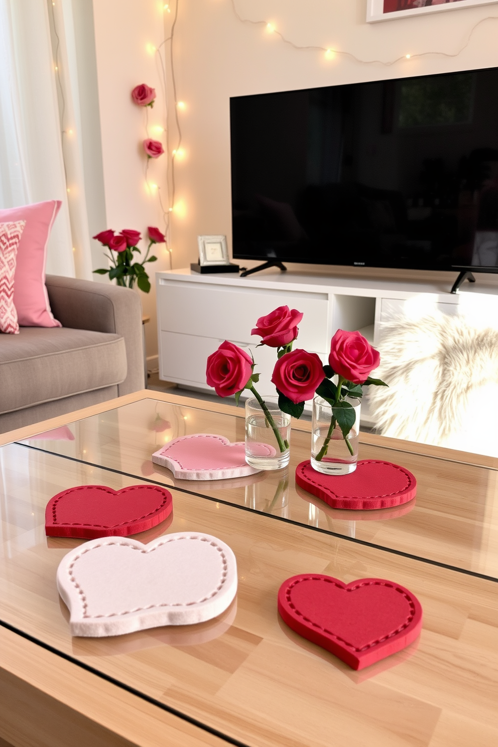 A cozy living room setting featuring a coffee table adorned with heart-shaped coasters. The decor is infused with soft pink and red accents to create a romantic atmosphere for Valentine's Day. In the corner, a small vase holds fresh roses, adding a touch of elegance. String lights are draped around the room to enhance the warm and inviting ambiance.