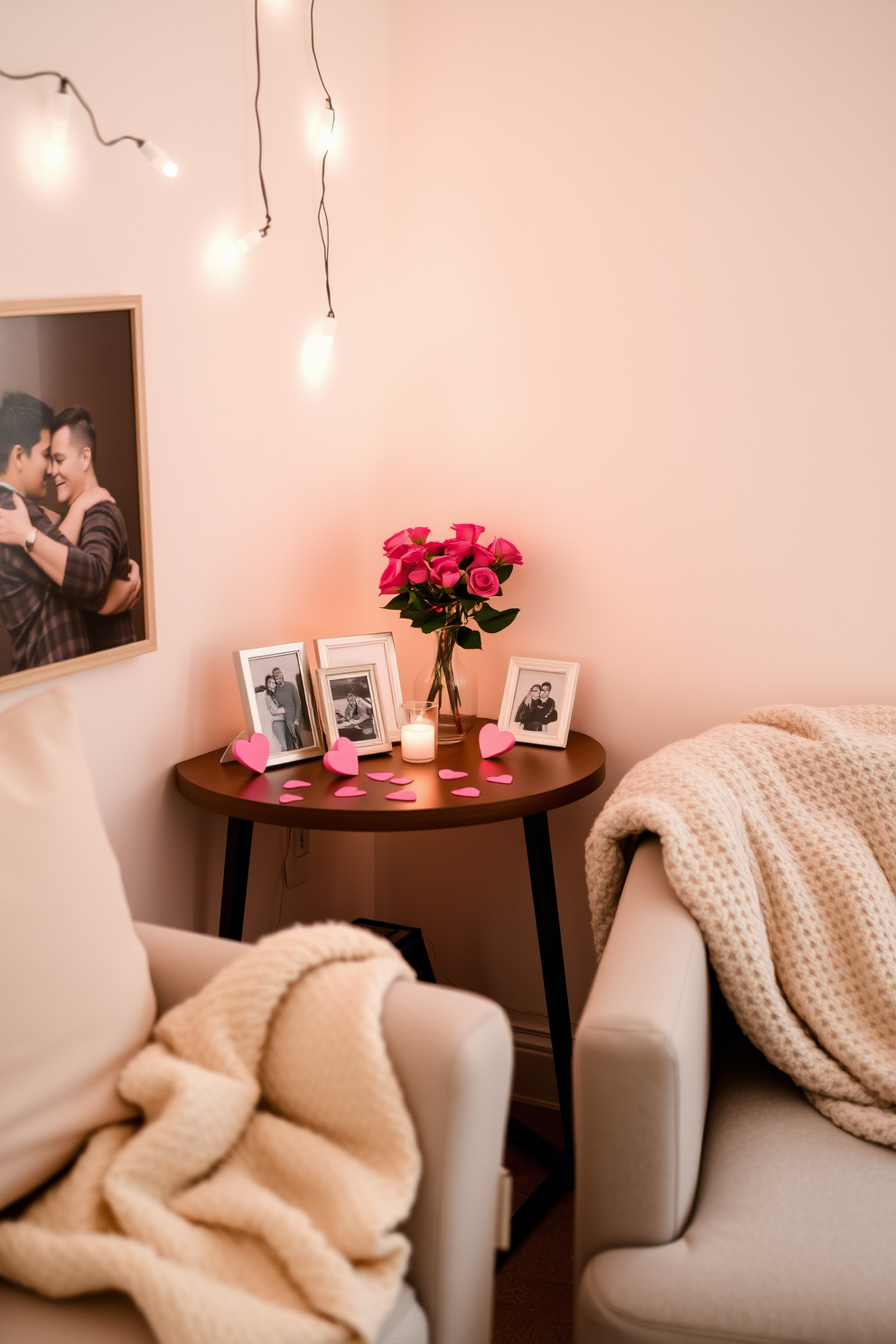 A cozy living room corner featuring a side table adorned with framed couple photos. The table is decorated with small heart-shaped accents and a vase of fresh roses, creating a romantic atmosphere for Valentine's Day. Soft pastel colors dominate the space, with a plush throw blanket draped over a nearby chair. String lights are delicately hung above, adding a warm glow to the intimate setting.