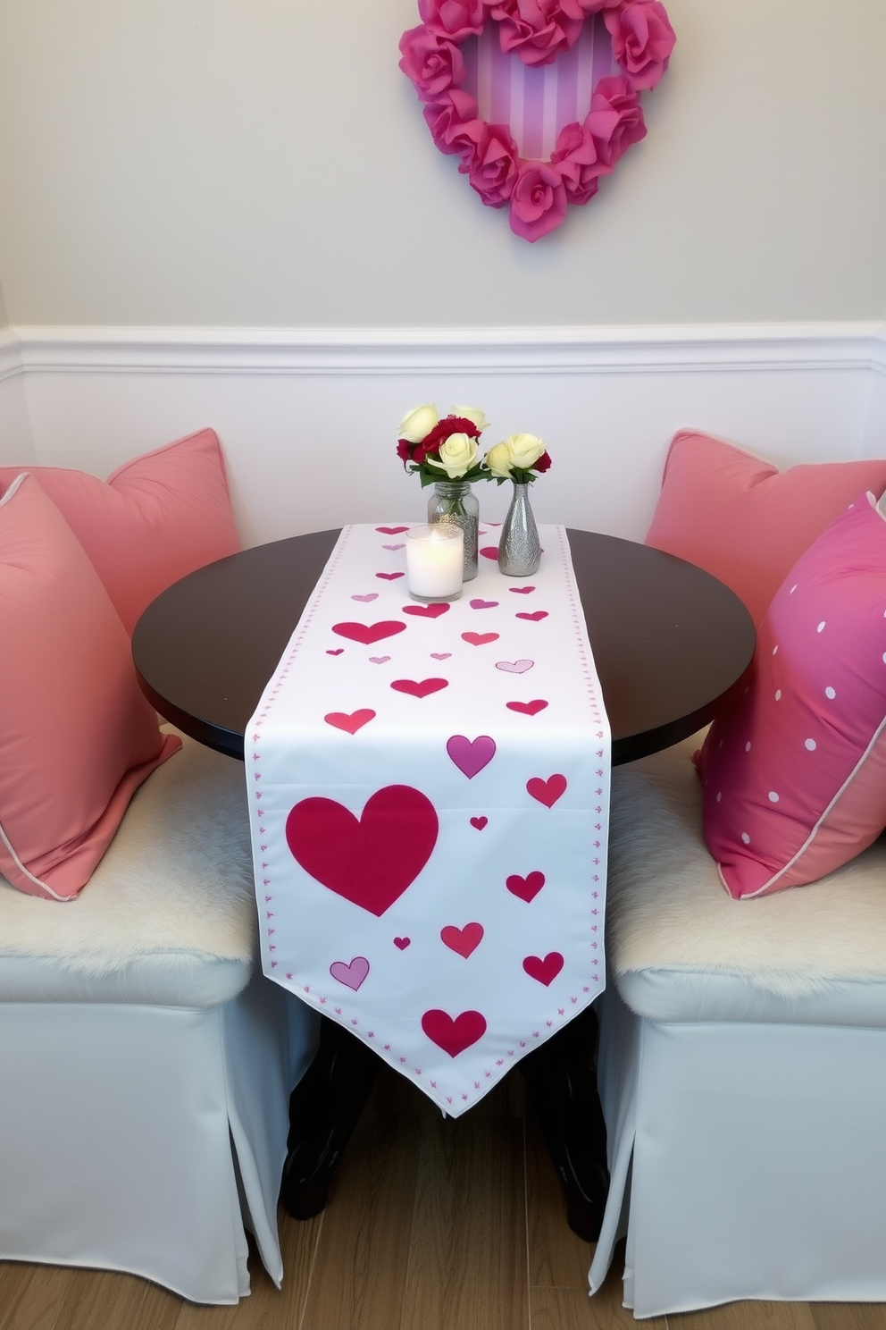 A charming Valentine themed table runner drapes elegantly across a small dining table. The runner features delicate heart patterns in shades of pink and red, complemented by soft white accents. Surrounding the table, cozy seating is adorned with plush cushions in festive colors. Subtle decor elements like small vases of fresh flowers and heart-shaped candles enhance the romantic atmosphere.