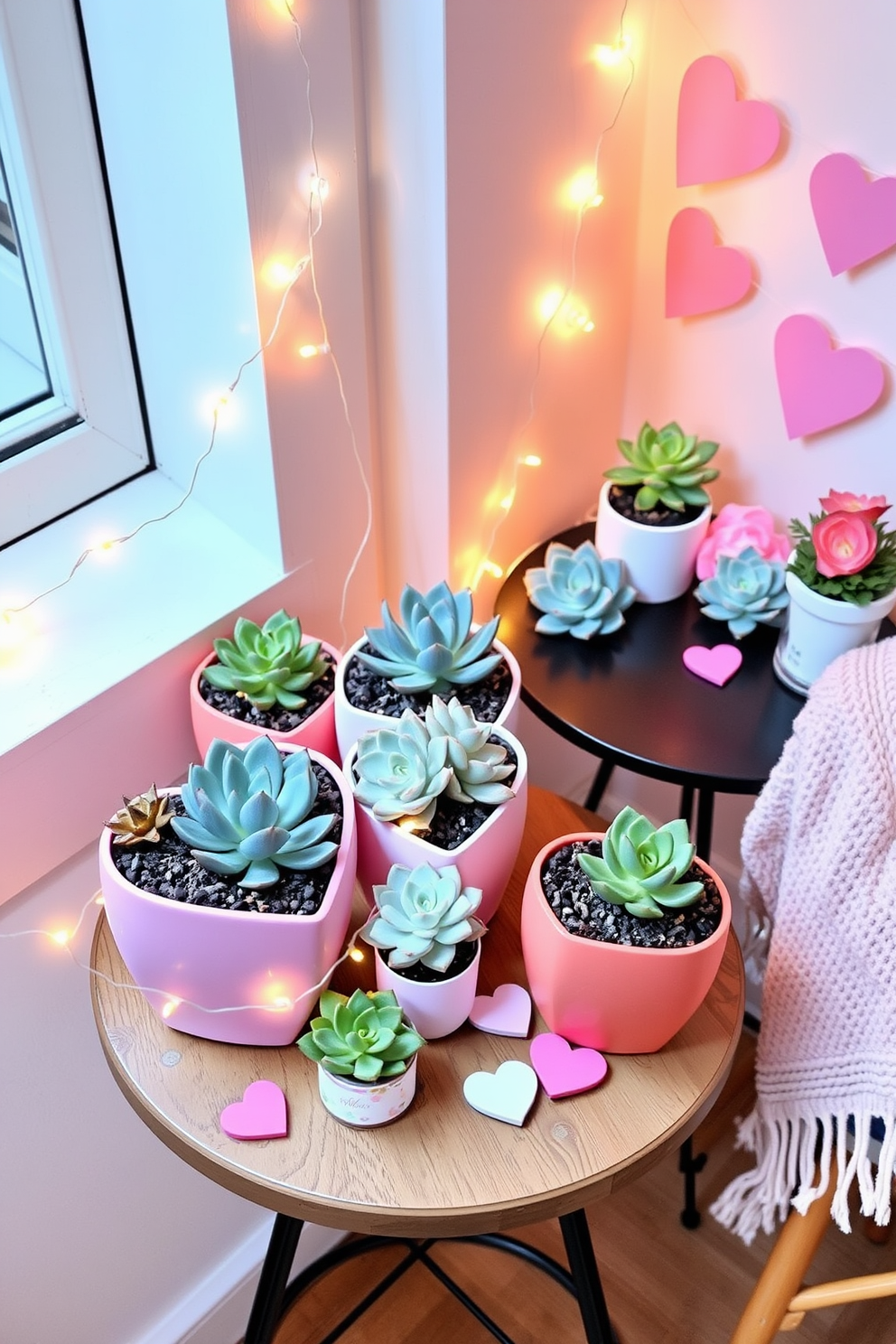 Succulent plants are arranged in heart-shaped pots, adding a touch of love and greenery to the space. The vibrant colors of the succulents contrast beautifully with the soft pastel tones of the decor, creating a cheerful atmosphere. Delicate string lights are draped around the pots, enhancing the romantic vibe of the Valentine's Day theme. A small table is set nearby, adorned with heart-themed decorations and a cozy throw, perfect for an intimate gathering.