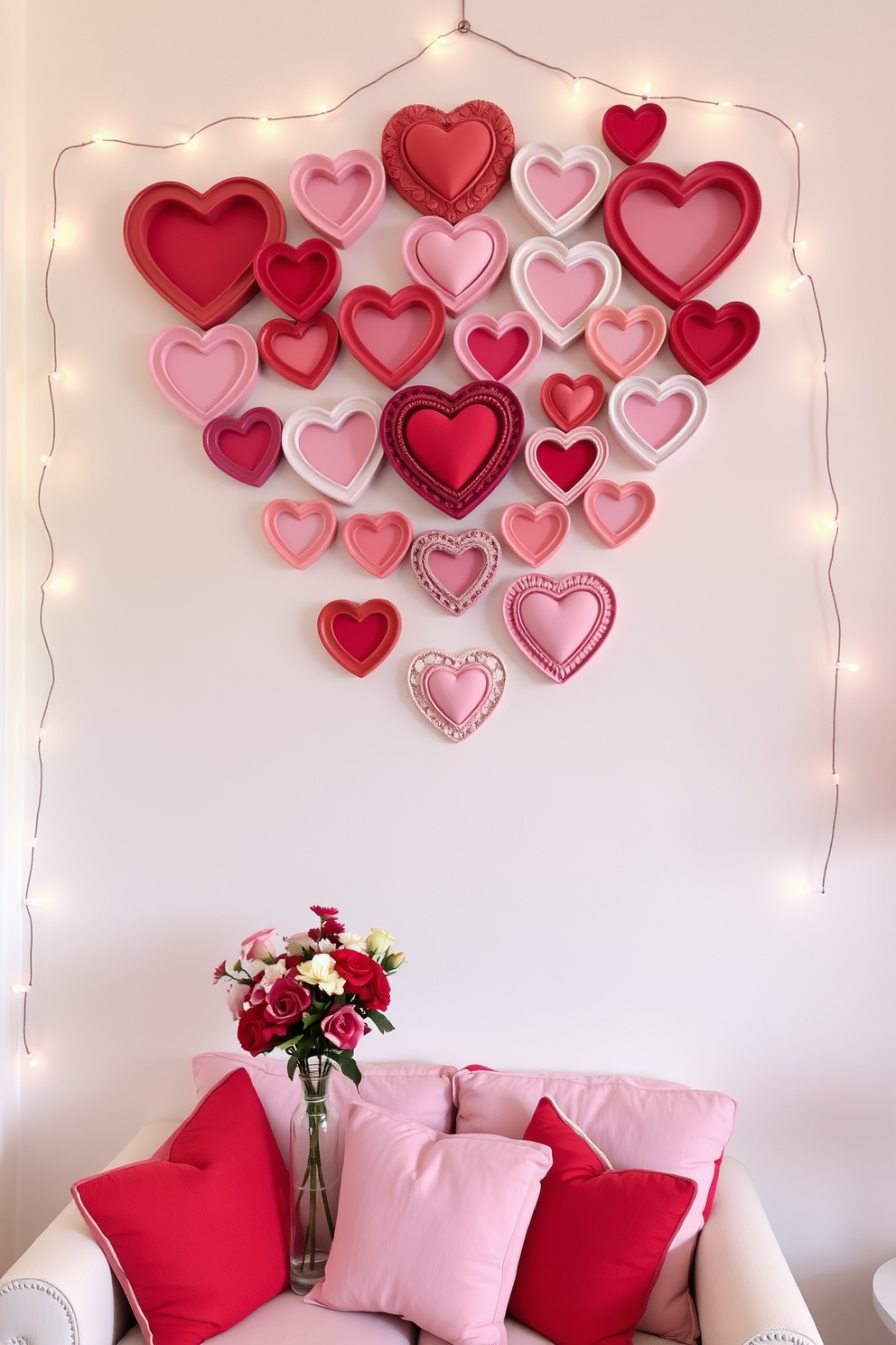 A charming heart-shaped wall art display adorns the wall, featuring a collection of various sizes and textures of heart-shaped frames painted in soft pastel colors. Below the display, a cozy seating area is created with a small loveseat adorned with plush cushions in shades of pink and red, perfect for a romantic atmosphere. In one corner of the room, a small table holds a vase filled with fresh flowers, adding a touch of nature to the decor. String lights hang delicately around the wall art, casting a warm glow that enhances the inviting and festive ambiance for Valentines Day.