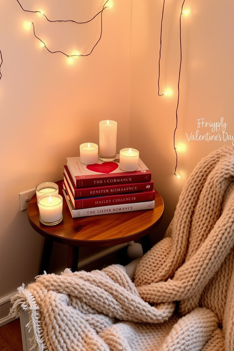 A cozy corner featuring a romantic book stack arranged artfully on a wooden side table. Softly glowing candles in varying heights are placed around the books, creating a warm and inviting atmosphere. Delicate fairy lights are draped along the wall, adding a touch of whimsy to the small space. A plush throw blanket is casually tossed over a nearby chair, enhancing the intimate setting for a Valentine's Day celebration.