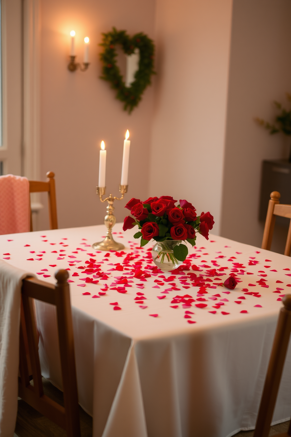 A charming dining table adorned with heart-shaped confetti scattered across a crisp white tablecloth. Soft candlelight flickers from elegant candlesticks, creating a romantic ambiance for a cozy Valentine's Day dinner. A small vase filled with fresh red roses sits at the center of the table, adding a touch of color and romance. Surrounding the table, simple yet stylish chairs are draped with pastel-colored throws for added warmth and comfort.