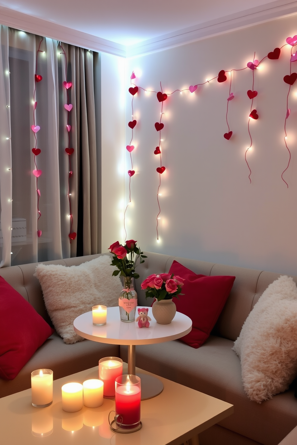 A cozy living area adorned with soft, romantic lighting creates an inviting atmosphere. A small table is set with heart-shaped decorations and a vase of fresh roses, while plush cushions add comfort to the seating. Delicate garlands of red and pink hearts drape across the walls, enhancing the festive vibe. Candles flicker gently on the table, casting a warm glow that complements the soft music playing in the background.