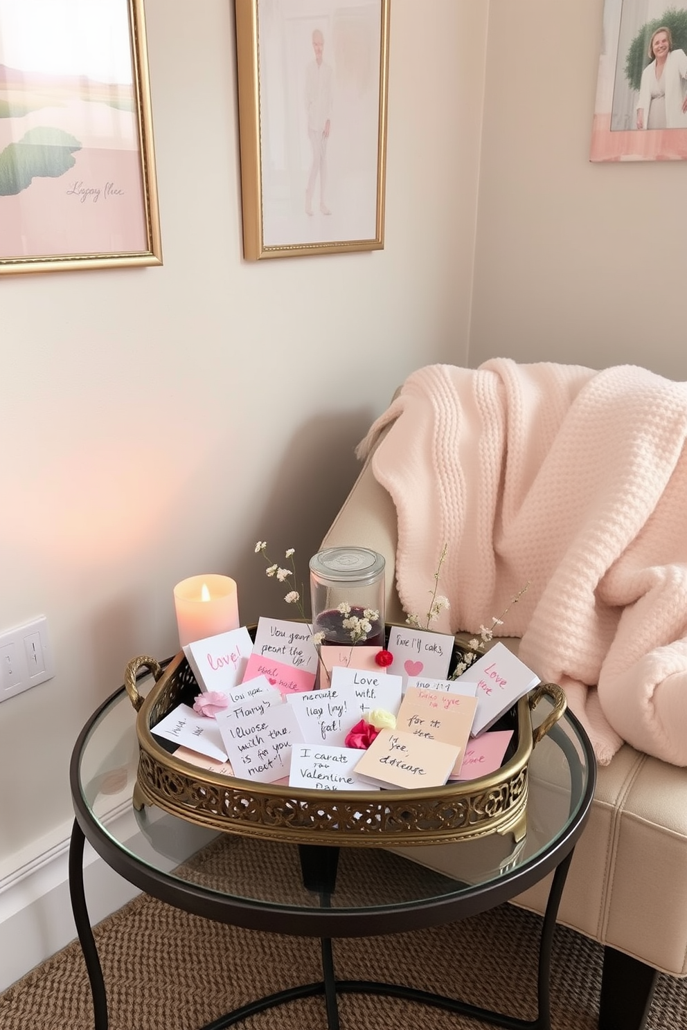 A decorative tray sits on a small coffee table, filled with handwritten love notes in various colors and styles. Surrounding the tray are small candles and a few delicate flowers, creating a warm and inviting atmosphere for Valentine's Day. The walls are adorned with soft pastel artwork, adding a touch of romance without overwhelming the space. A cozy throw blanket drapes over a nearby chair, inviting couples to sit and read the love notes together.