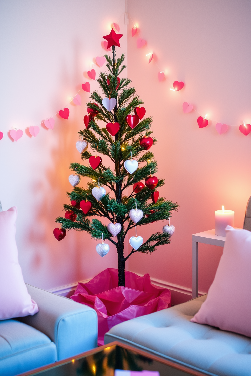 A charming mini Valentine's Day tree adorned with heart-shaped ornaments sits in the corner of a cozy living room. The tree is surrounded by soft pink and red accents, creating a warm and inviting atmosphere. Creative small space Valentine's Day decorating ideas include hanging delicate garlands of paper hearts across the walls. A few strategically placed candles add a romantic glow, enhancing the intimate feel of the space.