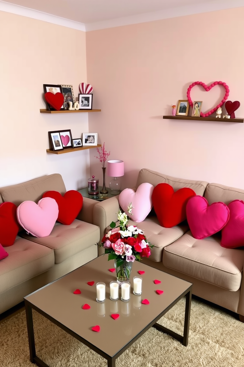 A cozy living room featuring a comfortable couch adorned with colorful heart-shaped pillows in various shades of red, pink, and white. The walls are painted in a soft pastel hue, and a small coffee table is topped with a romantic centerpiece of fresh flowers and candles. In one corner, a decorative shelf displays charming Valentine's Day-themed decor, including framed photos and whimsical figurines. Soft, ambient lighting creates a warm atmosphere, making the space inviting for a cozy celebration.