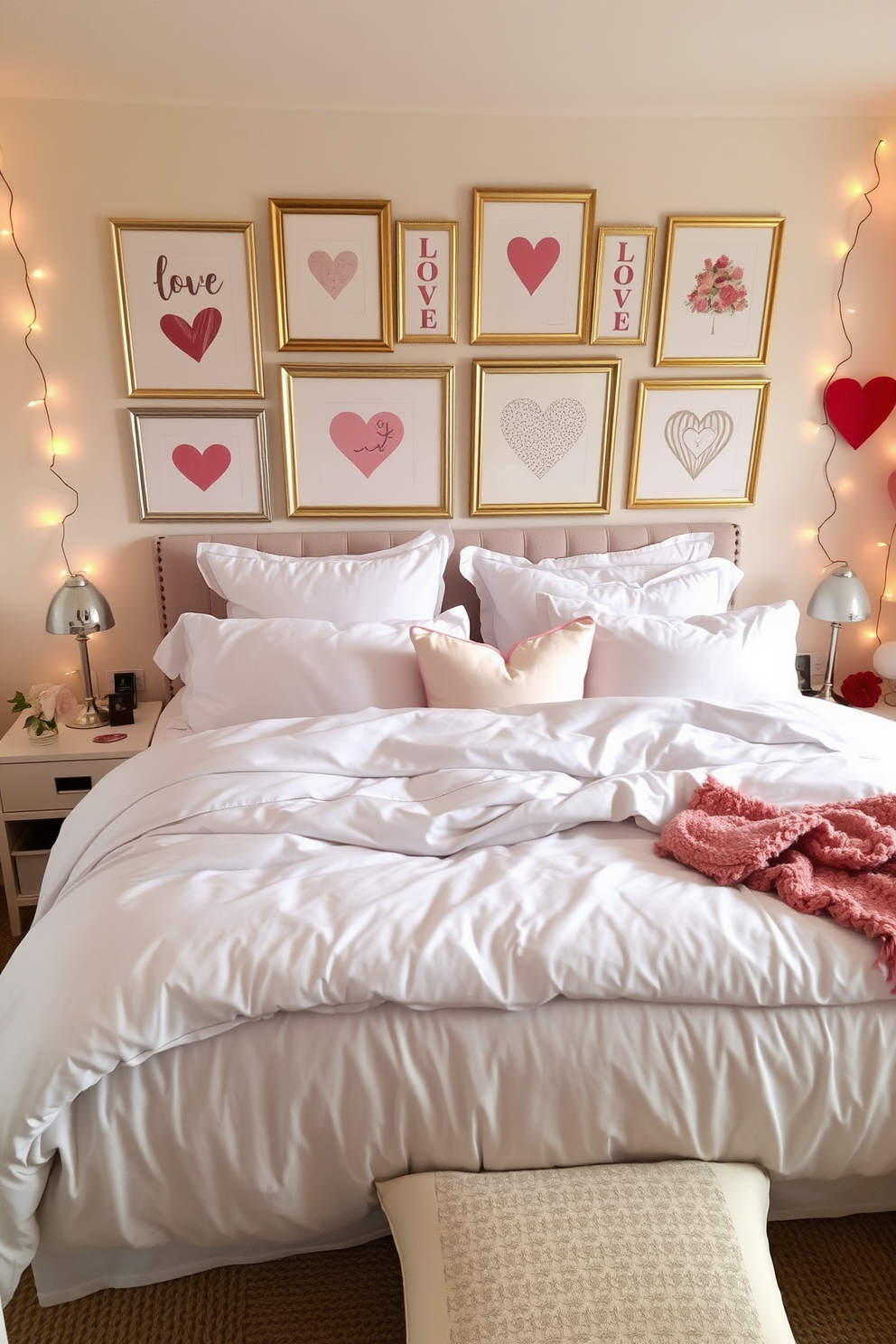 A cozy bedroom featuring a large bed adorned with soft white linens and an array of plush pillows. Above the bed, there is a collection of love-themed artwork framed in delicate gold, creating a romantic focal point. The room is designed to maximize space with clever storage solutions tucked beneath the bed. Decorative elements include heart-shaped cushions and fairy lights draped along the walls, enhancing the Valentine's Day atmosphere.