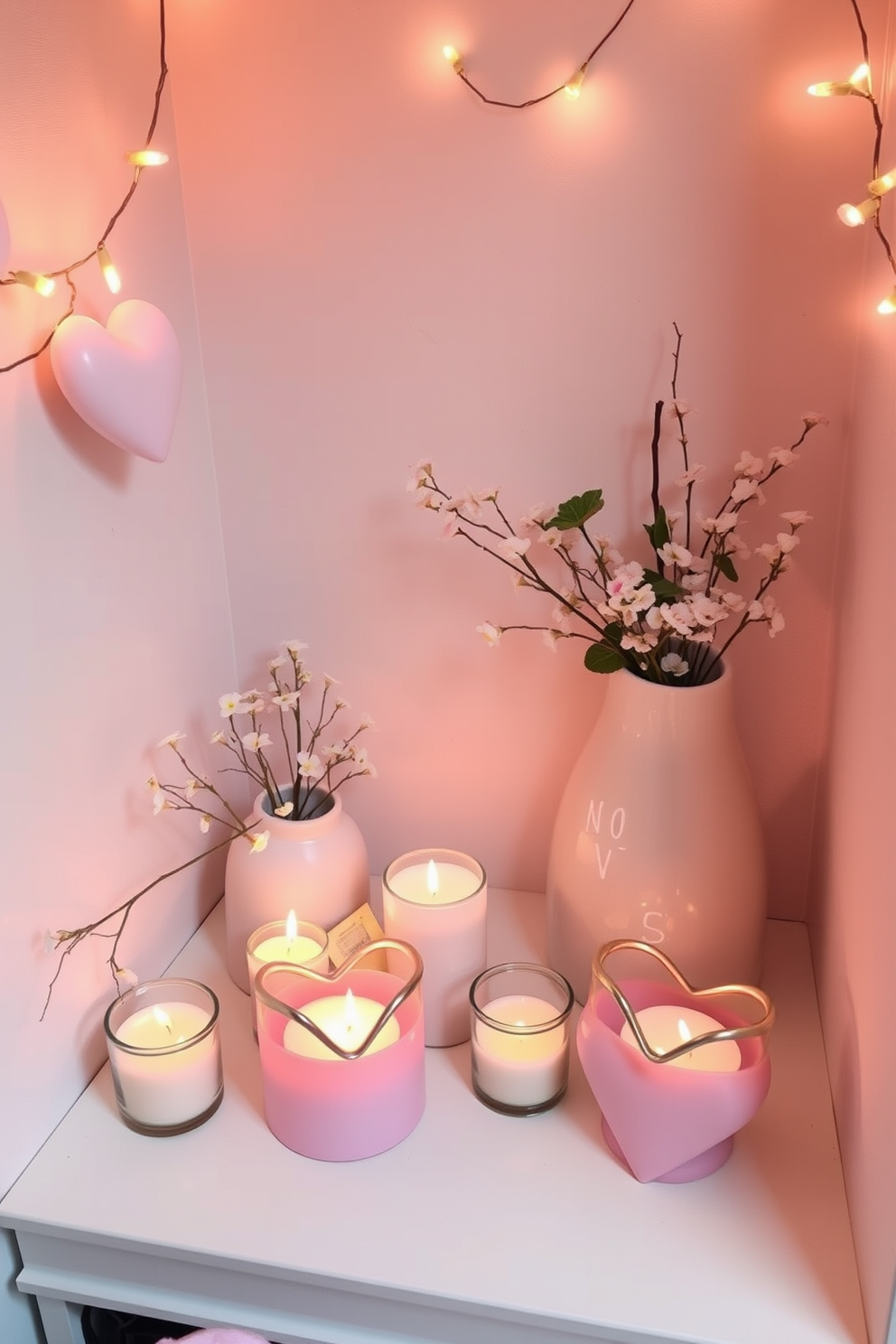 A cozy corner adorned with candles in heart-shaped holders creates a warm and inviting atmosphere. The soft glow from the candles enhances the romantic vibe, perfect for a Valentine's Day celebration in a small space. Delicate floral arrangements complement the heart-shaped holders, adding a touch of elegance. Use pastel colors and soft textures to create a harmonious and charming decor that maximizes the limited space.