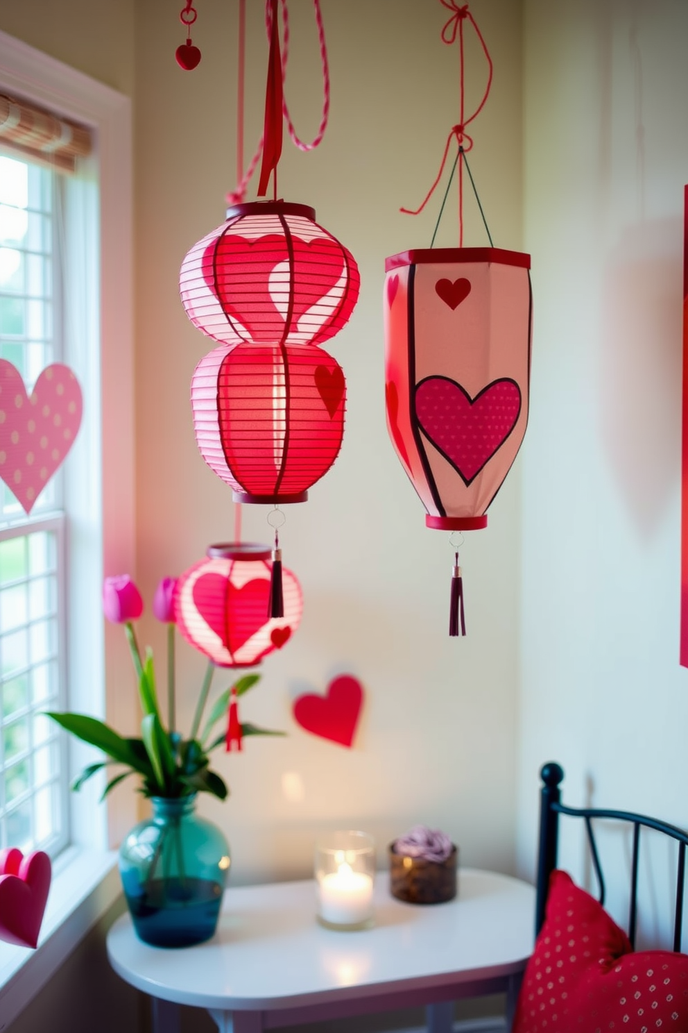 Create a charming small space decorated for Valentine's Day. Hanging paper lanterns with heart designs add a whimsical touch to the room, casting a warm and inviting glow.