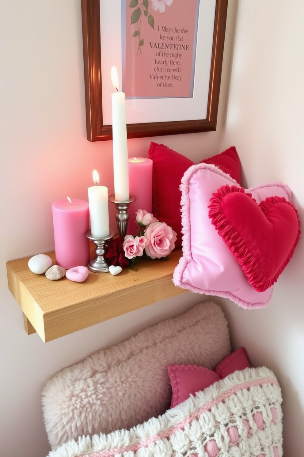 A charming candle arrangement on a wooden shelf. The candles vary in height and are arranged in a staggered fashion alongside small decorative items like heart-shaped stones and flowers. Cozy and romantic accents enhance the small space for Valentine's Day. Soft textiles like a plush throw and decorative pillows in shades of pink and red create an inviting atmosphere.