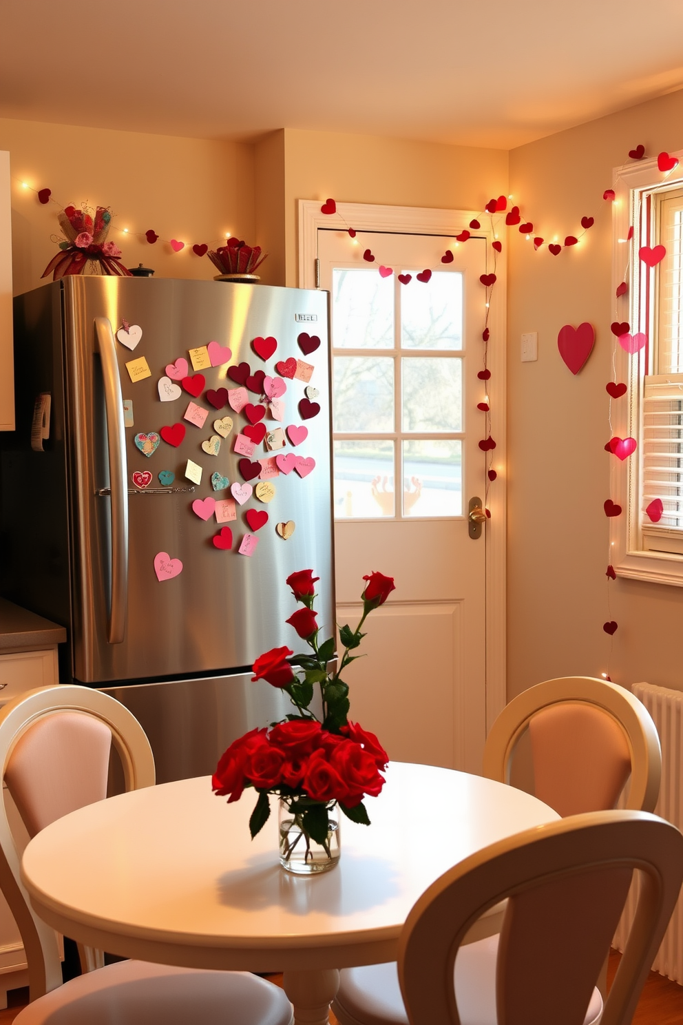 Charming love notes are magnetically attached to a stainless steel fridge adorned with colorful magnets. The kitchen is cozy and inviting, featuring warm lighting and a small dining table set for two. For Valentine's Day, delicate heart-shaped garlands drape across the windows, adding a touch of romance. A small vase filled with fresh red roses sits on the table, complementing the sweet love notes on display.