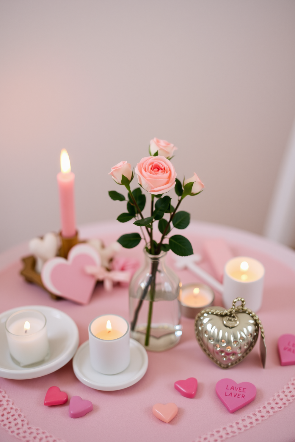 A charming table setting featuring a delicate miniature rose bouquet in a simple vase. Surrounding the table are small decorative items that evoke a romantic Valentine's Day atmosphere. The table is adorned with soft pastel colors and subtle textures to create a warm and inviting space. Cozy elements like candles and heart-shaped accents enhance the small space's festive decor.