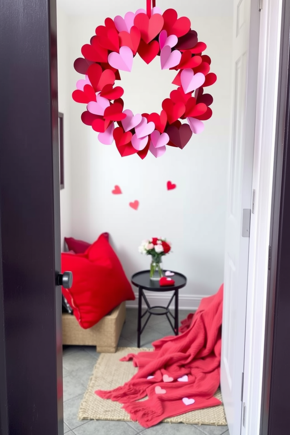 A charming wreath made of paper hearts hangs on the front door, welcoming guests with a touch of love. The hearts are crafted in various shades of red and pink, creating a vibrant and festive appearance. Inside the small space, a cozy seating area is adorned with heart-themed cushions and a soft throw blanket. A small table is decorated with a vase of fresh flowers and a few scattered heart-shaped decorations, enhancing the Valentine's Day ambiance.