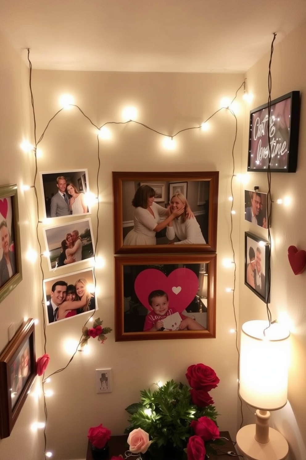 Create a cozy small space filled with string lights that illuminate a collection of cherished photos capturing memorable moments. The soft glow of the lights enhances the romantic atmosphere, perfect for celebrating Valentine's Day in an intimate setting.