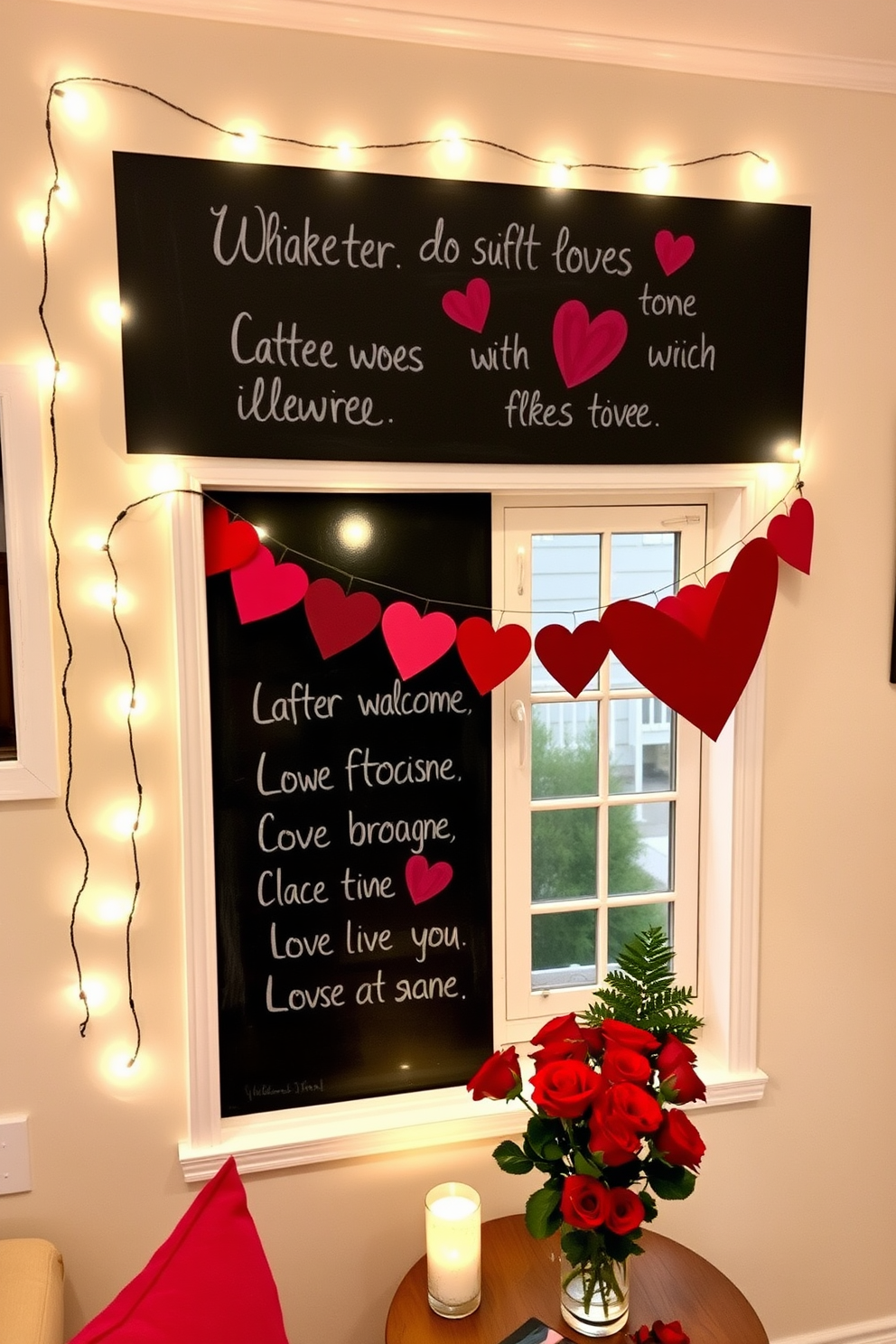 A charming chalkboard displays cute love quotes in playful, handwritten fonts. Surrounding the chalkboard, soft fairy lights twinkle, adding warmth to the cozy atmosphere. In a small living space, a heart-themed garland hangs above a window, complementing the decor. A small table is set with romantic candles and a vase of fresh red roses, creating an intimate setting for Valentine's Day.