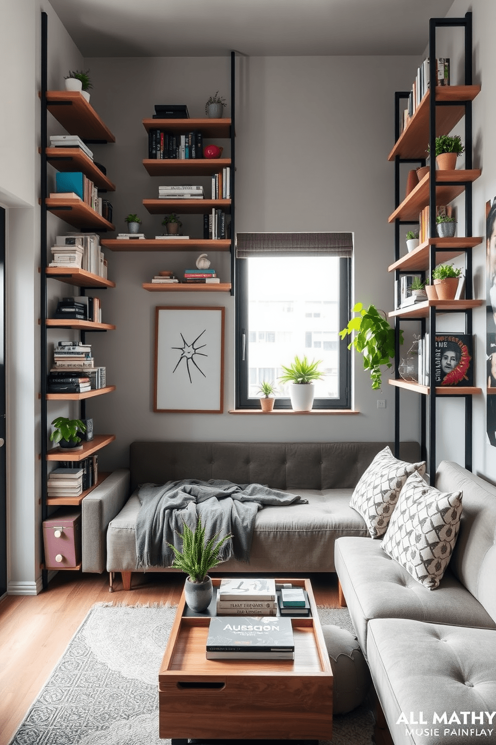 A small studio apartment features a clever use of vertical storage with floating shelves that line the walls. The shelves are adorned with books, plants, and decorative items, creating an organized and stylish look. The living area has a compact sofa that doubles as a bed, positioned near a window to maximize natural light. A multifunctional coffee table provides additional storage and serves as a workspace when needed.