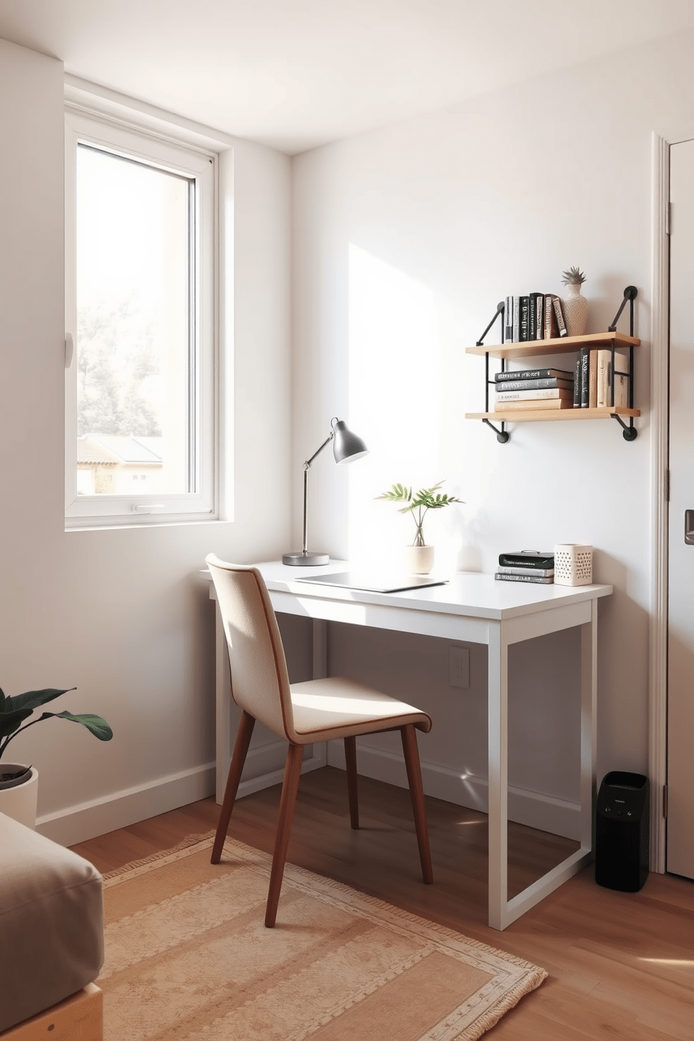 A compact desk with clean lines and a minimalistic design is positioned against a wall in a small studio apartment. The workspace features a comfortable chair and is complemented by a wall-mounted shelf for books and decorative items. The overall color scheme is light and airy, with soft pastel tones on the walls and a neutral rug underfoot. Natural light floods the space through a large window, enhancing the cozy and inviting atmosphere of the studio.