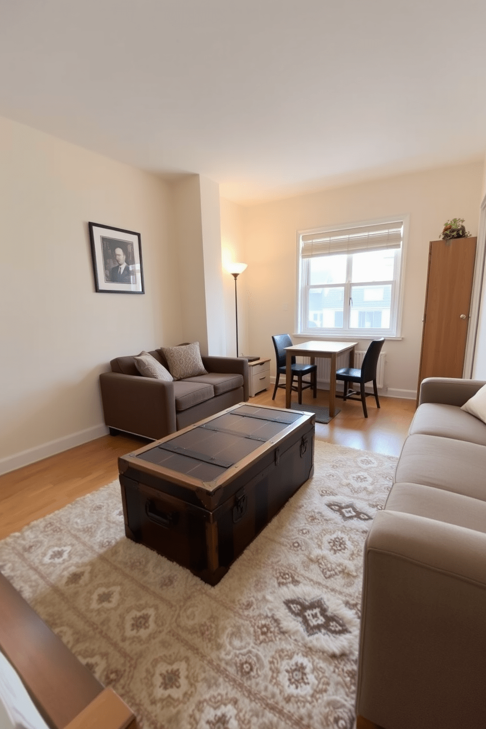 A cozy studio apartment featuring a stylish trunk as a coffee table and additional storage. The trunk is placed in the center of the living area, surrounded by a plush area rug and a comfortable sofa. The walls are painted in a soft cream color, enhancing the sense of space. A compact dining table with two chairs is positioned near a window, allowing for natural light to flood the room.