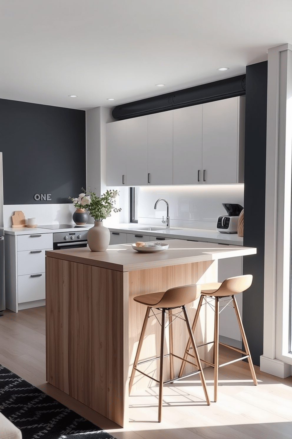 A compact kitchen island with a sleek design serves as the perfect prep space in a small studio apartment. The island features a light wood finish with bar stools tucked neatly underneath, maximizing space while providing a functional area for cooking and dining. The surrounding kitchen is designed with minimalist cabinetry in a soft white hue, creating an open and airy feel. Large windows allow natural light to flood the space, highlighting the modern appliances and stylish decor.