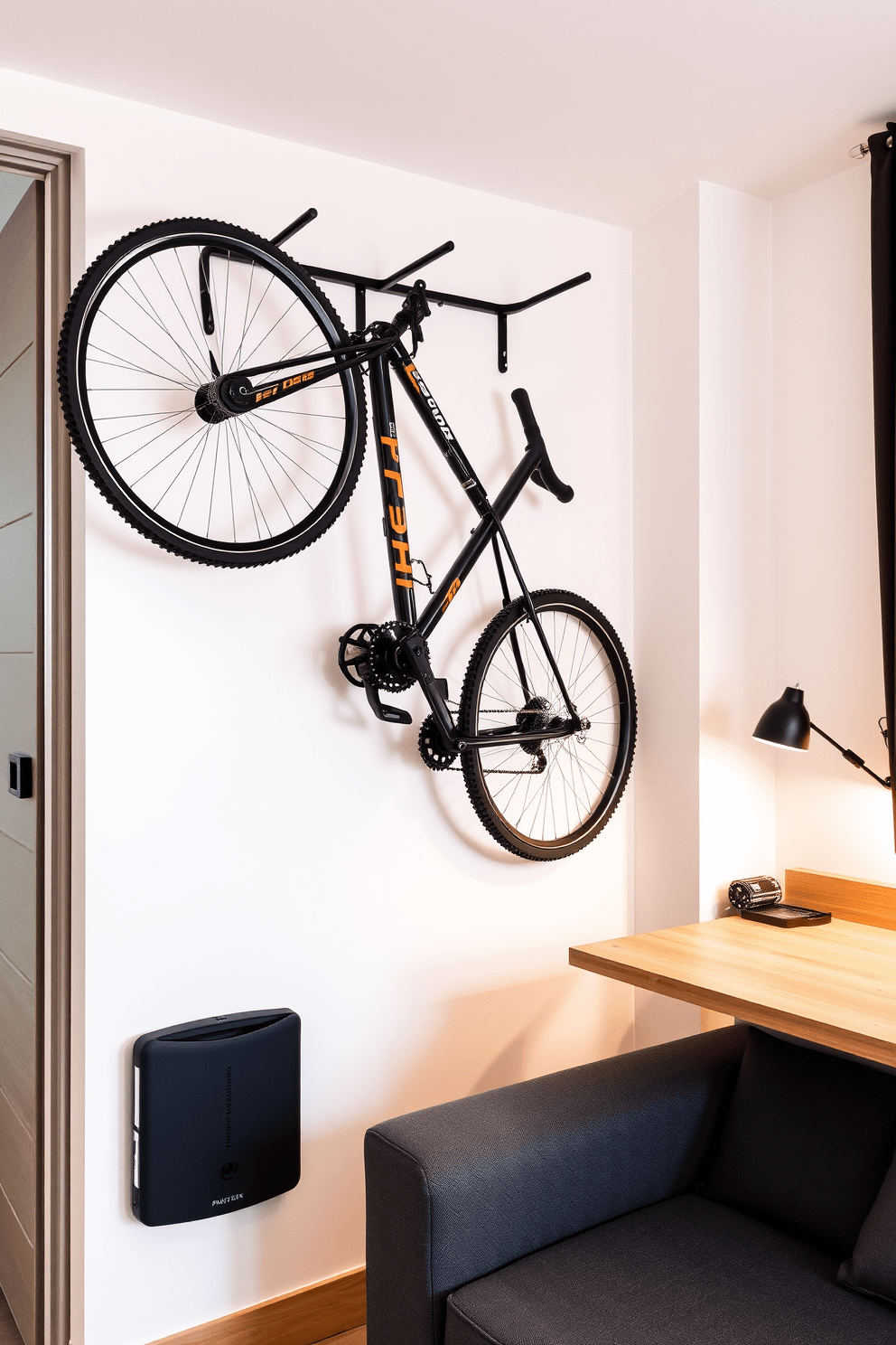 A small studio apartment designed for efficient use of space features a wall-mounted bike rack that elegantly displays a bicycle, maximizing vertical storage. The living area includes multifunctional furniture such as a fold-out desk and a sofa bed, seamlessly integrating work and relaxation zones.