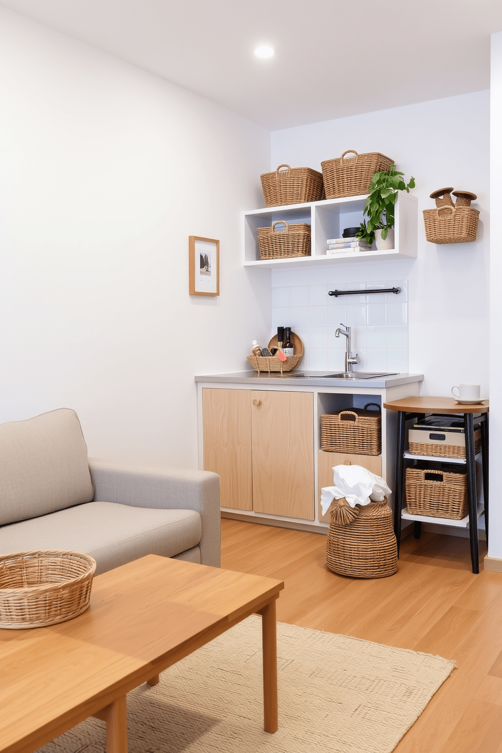 A cozy small studio apartment featuring a minimalist layout. The living area includes a compact sofa and a wooden coffee table, while a decorative basket is placed next to the sofa for stylish organization. The kitchen area is designed with open shelving and a small dining table. Decorative baskets are used to store kitchen essentials, adding both functionality and charm to the space.